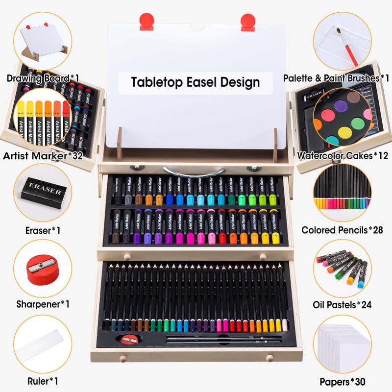 Vigorfun Art Supplies, Wooden Art Set Crafts Kit with Drawing Easel, Deluxe Kids Art Set, Oil Pastels, Colored Pencils, Watercolor Cakes, Creative Gift for Kids, Teens, Beginners Girls Boys - Image 2